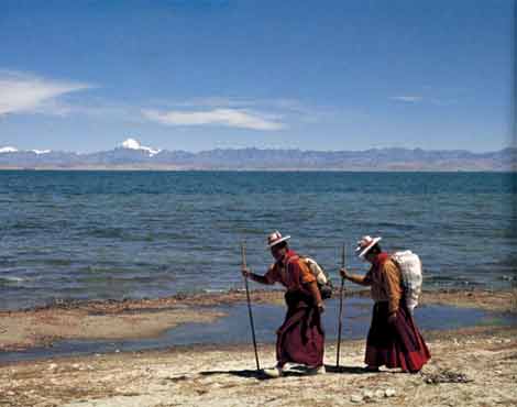 
Bon momks from far eastern Tibet circumambulate Lake Manasarovar with Kailash - Sacred Landscape And Pilgrimage in Tibet book
